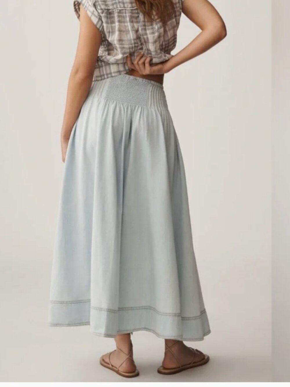 Anthropologie Pintuck Basque-Waist Denim Maxi Skirt In: Denim - Picture 2 of 5